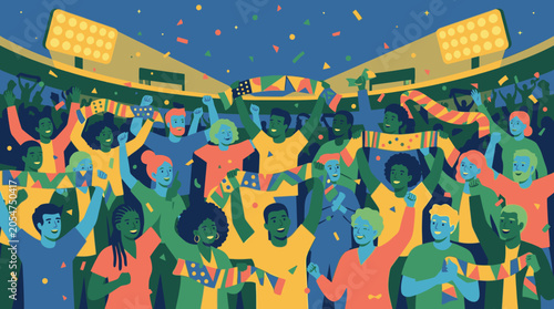 Colorful cheering crowd of enthusiastic sports fans.