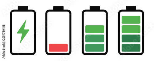 Battery charge status icons set showing different levels of power for mobile phones and digital devices.