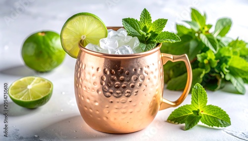 Refreshing Citrus Cocktail with Lime and Mint in Hammered Copper Mug on Marble Surface