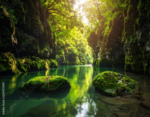 Sunlit Mossy River Flowing Through Lush Forest Canyon