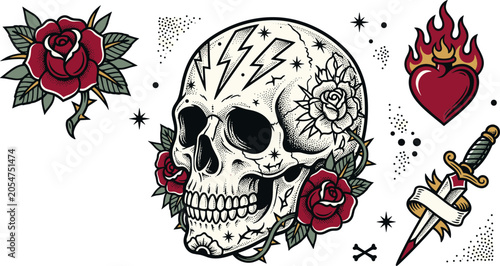 Photography Old School Retro Tattoo Vector Flash Set Featuring Detailed Human Skull Red Rose
