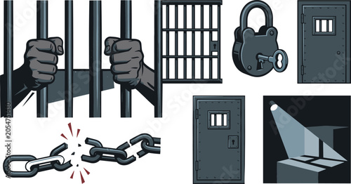 Konstfotografi Prison and Jail Security Vector Icon Set with Inmate Hands Behind Bars Broken Ch