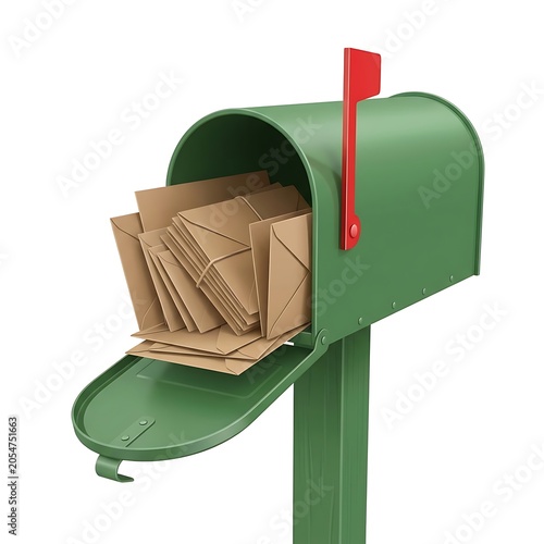 Green mailbox with red flag and envelopes isolated on white background