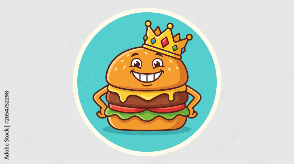 Fototapeta premium Funny fast food cartoon illustration featuring hot dog character, hamburger, cheeseburger, sandwich, and other food items like bun, cheese, lettuce, tomato, and meat
