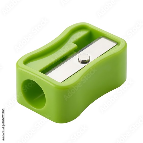 Green plastic pencil sharpener with metal blade isolated on white background