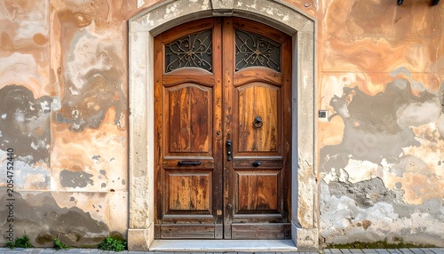 Weathered Wooden Double Door Set in Aged Stucco Wall on Old Building Facade