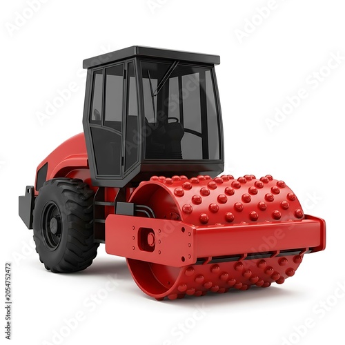 Red construction roller with black cabin and large wheels on white background