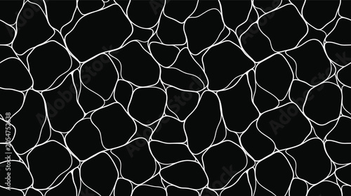 Seamless pattern featuring abstract organic rounded shapes with thick white outlines on a solid black background, for textures