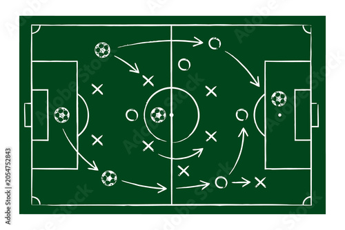Football field tactics board vector illustration, horizontal hand drawn soccer game plan strategy scheme with player formations on green chalkboard