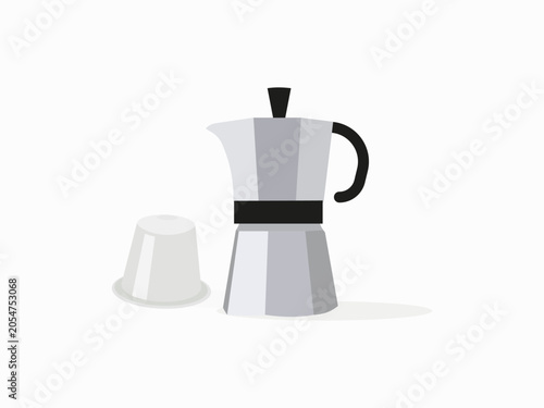 Disposable coffee capsule vs reusable moka pot, sustainable coffee alternative concept