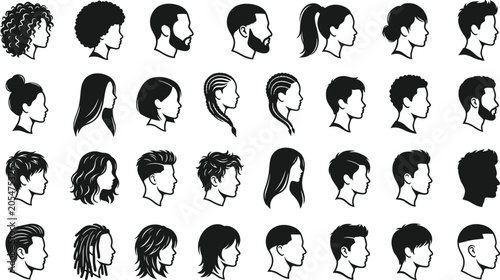 Obraz na płótnie Set of thirty-two black and white male and female head silhouettes in profile vi