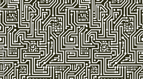 Seamless electronic circuit board pattern with white lines on a dark background, representing technology and connectivity