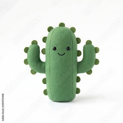 A green plush cactus toy with a smiling face on white background