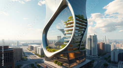 Sculptural skyscraper with fluid natural geometry and dramatic slanted facade in cityscape