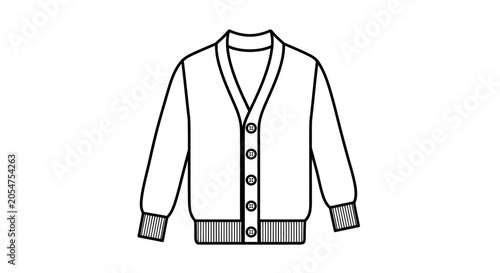 Black and white line art illustration of a classic button-up cardigan sweater