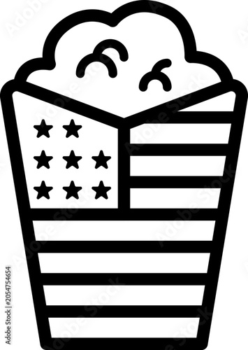 Popcorn Outline Icon style, popcorn box with USA stripes, perfect for cinema-themed visuals, party snacks, and holiday celebration designs.