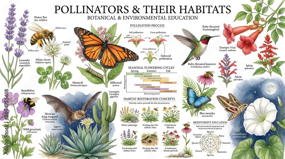 Fototapeta premium Pollinators and their habitats botanical and environmental education infographic poster featuring native plants and wildlife