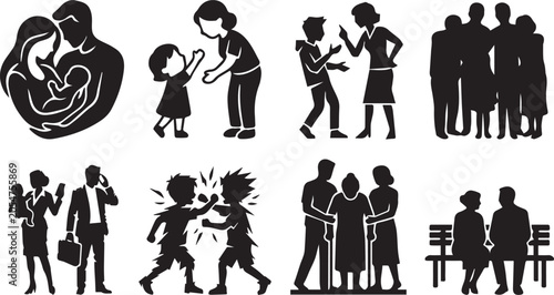Tableau sur toile Set of black silhouettes representing various family relationships, stages of li