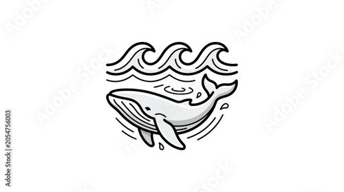 Minimalist whale jumping over ocean waves line art icon.