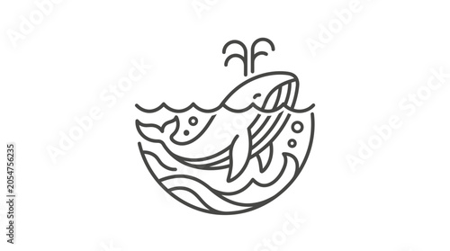 Obraz na płótnie Circular line art of whale spouting water in waves.