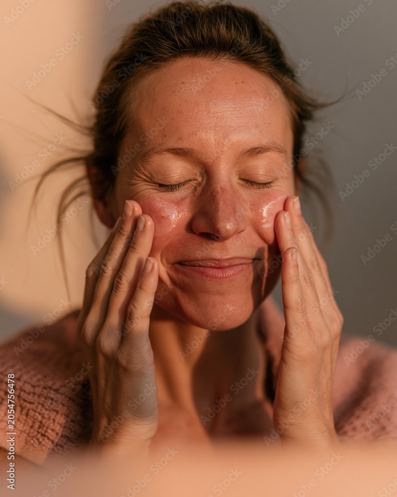 Fototapeta premium Close up of a woman applying facial moisturizer onto her cheeks for luxury skincare, beauty product branding and personal care advertising with warm soft lighting