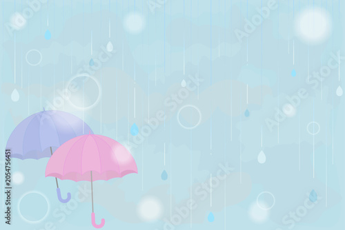 雨の日のカラフルな傘のイラスト くすみカラーの雨空とコピースペース／Colorful Umbrellas in the Rain, Rainy Day Couple Background with Copy Space