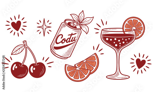 Red monochrome hand drawn illustration set featuring a refreshing soda can cocktail glass cherries and sliced citrus fruit pieces