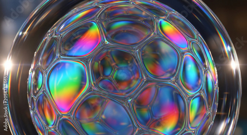 Abstract Iridescent Soap Bubble Sphere with Geometric Cellular Pattern