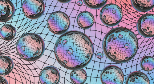 Abstract Iridescent Spheres Floating Over Geometric Grid Background