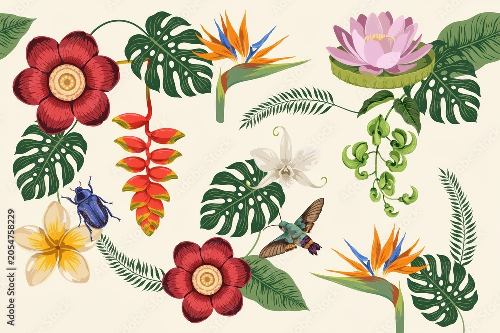 Fototapeta premium Collection of tropical botanical including vibrant flowers, monstera leaves, a beetle, and a hummingbird on a cream background