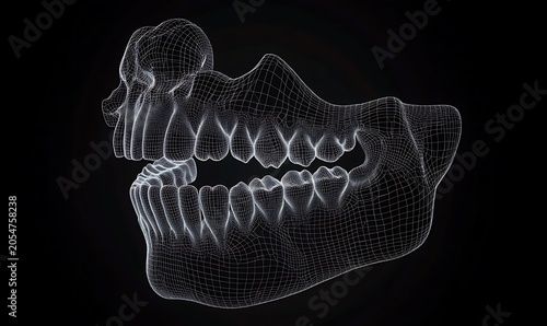 Wireframe human mandible and teeth on black background digital rendering.