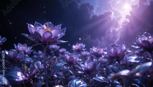 Glowing purple flowers bloom under starry night sky with radiant sunlight