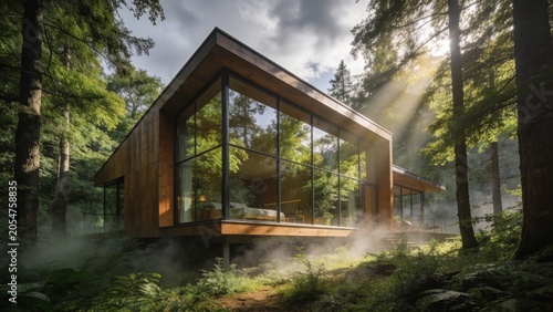 Modern Forest Cabin with Glass Walls Surrounded by Sunlit Woodland