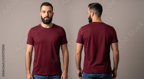 Man wearing a burgundy t-shirt front and back view studio shot plain background