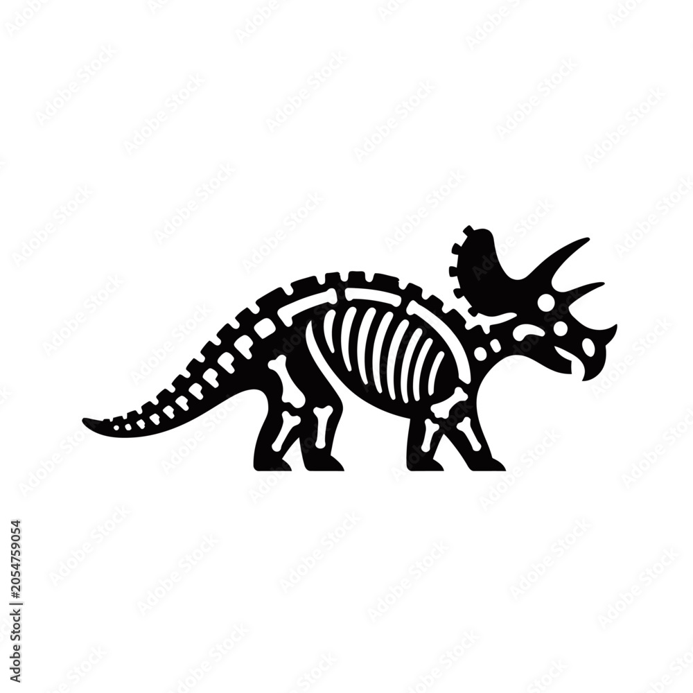 Fototapeta premium A black and white illustration of a Triceratops skeleton, showcasing its skeletal structure and iconic horns.