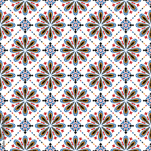 Mediterranean Talavera Floral Mandala Seamless Pattern with Dotted Diamond Trellis and Folk Tile Motif