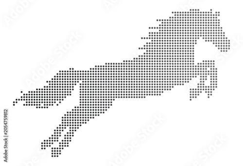 Grey Dotted Horse Silhouette Jumping on White Background animal pixel art.