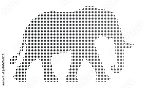 Standing Elephant Silhouette Made of Dark Dots on White Background pixel art.