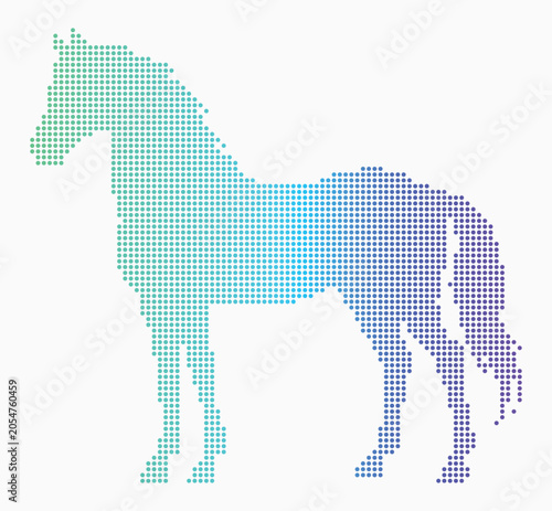 Standing Horse Silhouette Made of Green Blue and Purple Dots on White pixel art.