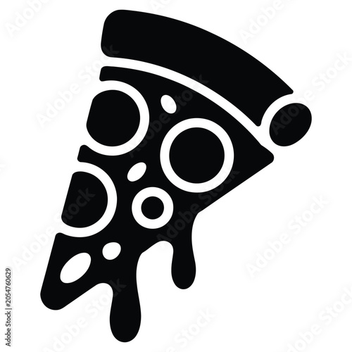Black and white vector icon of a single cheesy pizza slice with melted cheese dripping off the crust fastfood delivery illustration silhouette dripping