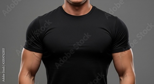 Muscular man in black t-shirt flexing biceps studio portrait isolated on grey background