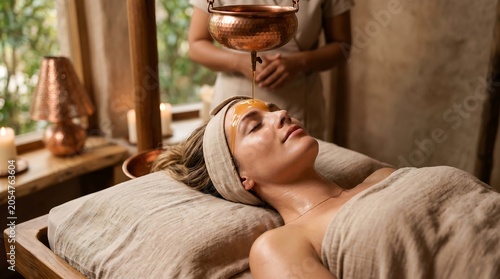 Woman receiving traditional Ayurvedic head and facial oil treatment in rustic spa.