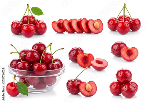 Fresh red cherries with stems and cross sections