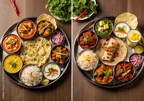Traditional indian thali meal on metal tray