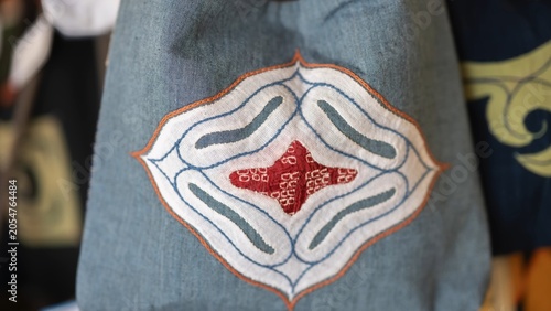Canvastavla Close up of traditional Ainu pattern embroidery on textile fabric, indigenous craft from Hokkaido, Japan