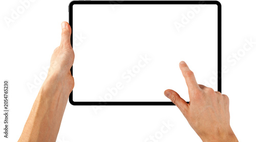 Foto tablet in hands, hand holding tablet, tablet mockup, digital tablet, touchscreen