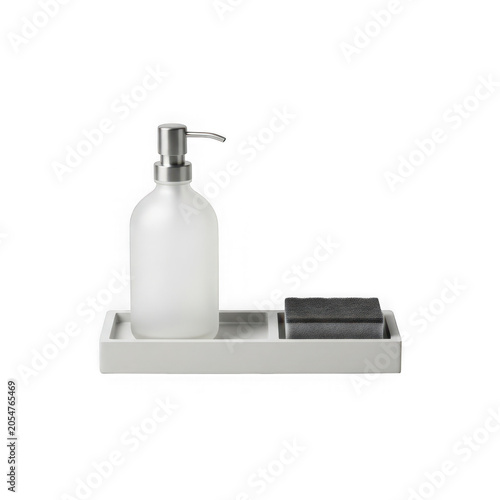 Soap dispenser and sponge on a tray isolated on transparent background
