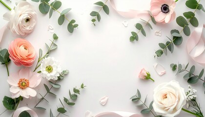 Elegant spring botanical flat lay with fresh pastel flowers, delicate ribbons, and lush eucalyptus on a white background, ideal for serene celebrations and greetings