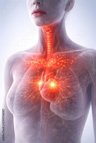 Heart lung anatomy chest respiratory female medical organ throat glow, human body medical anatomy with highlighted cardiopulmonary system