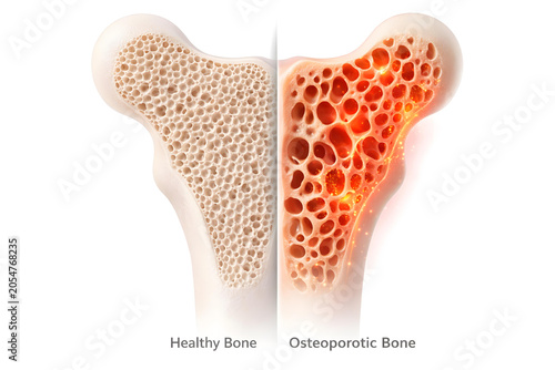Bone osteoporosis healthy osteoporotic anatomy medical comparison porous density, 3d illustration comparing normal bone structure with diseased